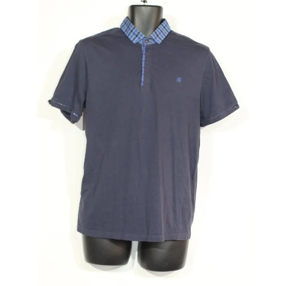 Ted Baker Polo Shirt 4 Large Blue Summer Checkered Collar Short Sleeve Mens - Picture 1 of 10